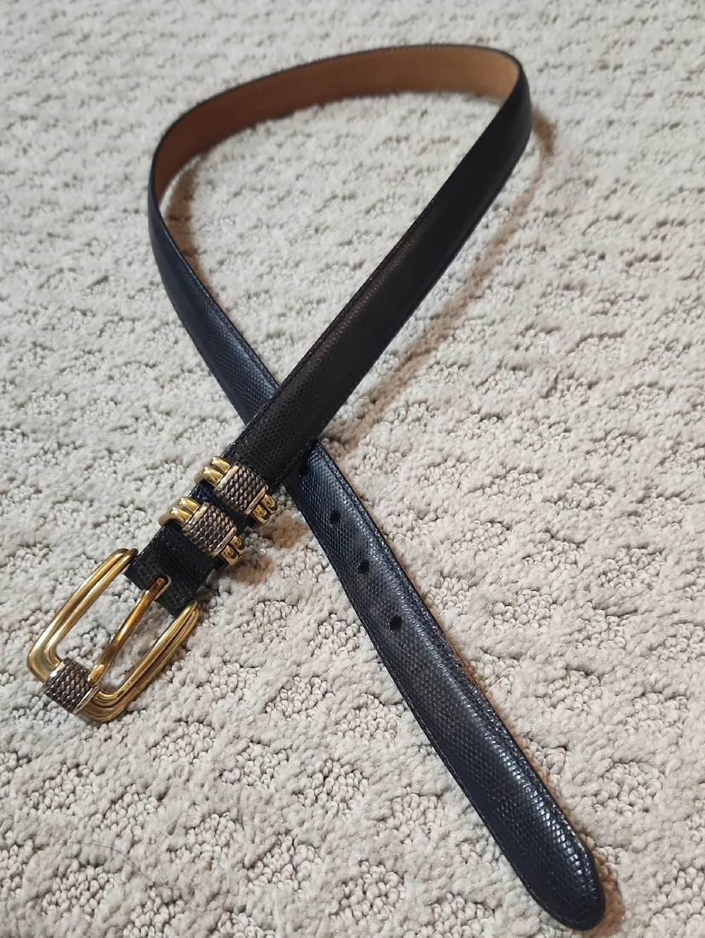 Brighton Black Embossed Leather Belt With Mixed Metal Gold & Silver Buckle